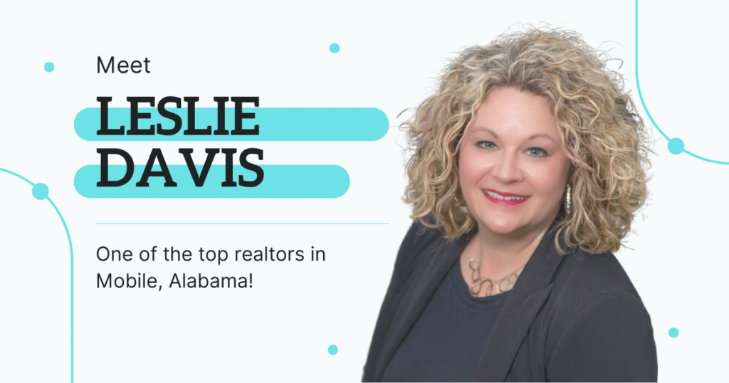 Picture of Mobile, Alabama realtor, Leslie Davis, on blog banner with fun blue dots and lines in background.