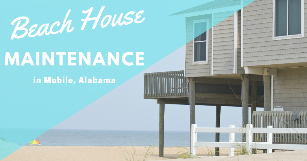 Brown beach house on stilts facing ocean. Illustrating blog post “Beach House Maintenance in Mobile, Alabama.”