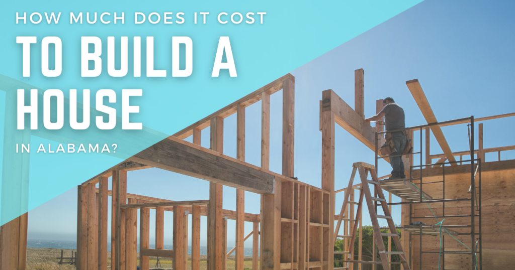 Carpenter on scaffolding framing wood home with sunny blue sky and ocean in background, illustrating blog post “How much does it cost to build a house in Alabama?”