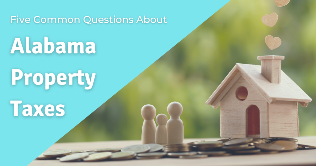 A family of three small wooden dolls stand in front of a toy house on a ground made of coins, illustrating blog post “Alabama Property Tax FAQs.”