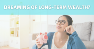 Illustrating post on Long-Term Wealth, young woman with dark hair sits in living room, holding piggy bank while looking dreamily up at the ceiling.